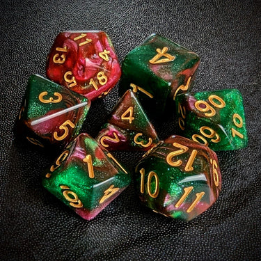 Glitter in Red & Green Acrylic - 7pcs RPG Full Dice Set Top